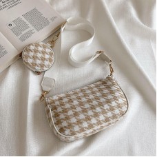 Vintage Plaid Fashion Shoulder Bags with Mini Round Pendant Purse - 2pc PU Lined Women's Crossbody Bag Set